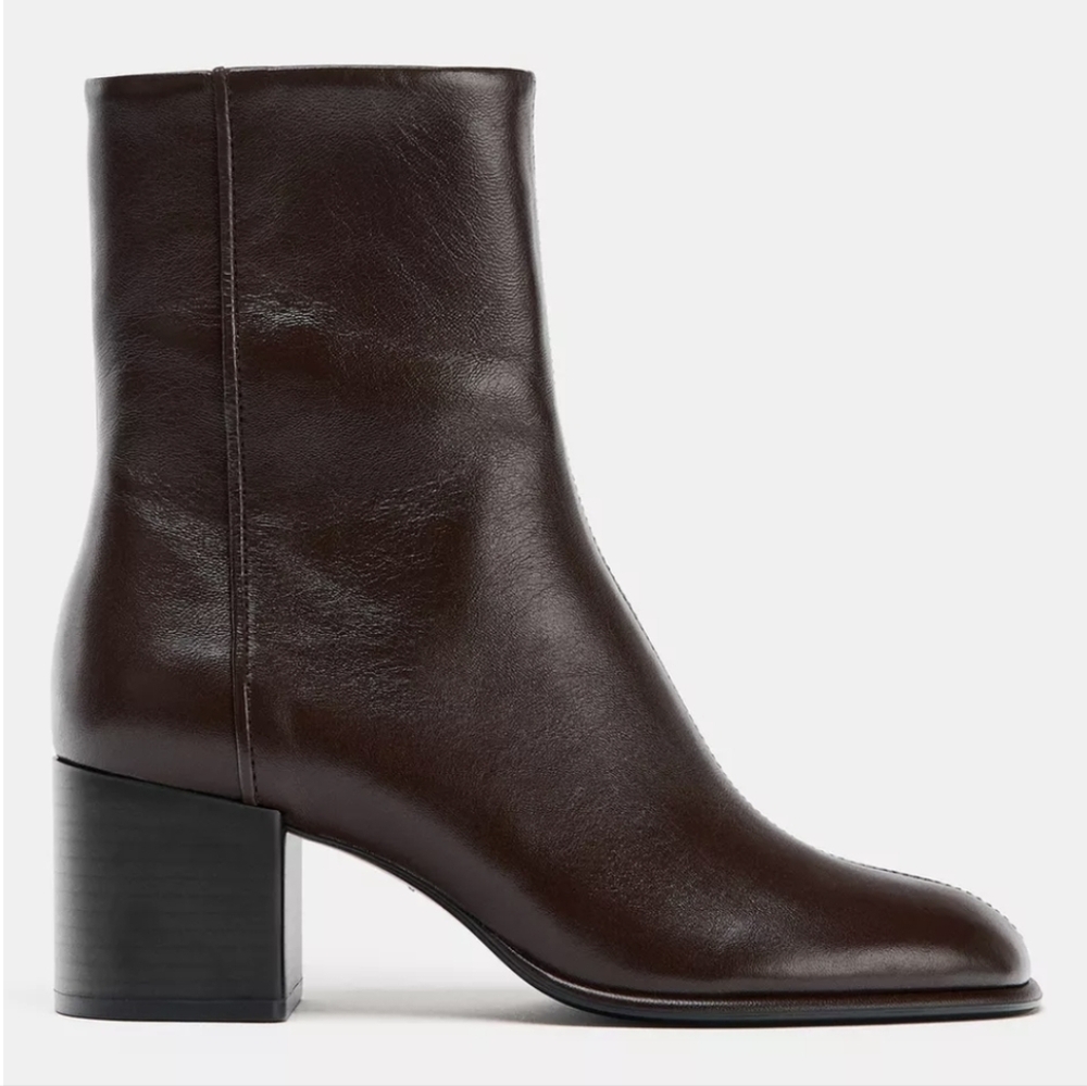 ZARA LEATHER BLOCK HEEL ANKLE BOOTS